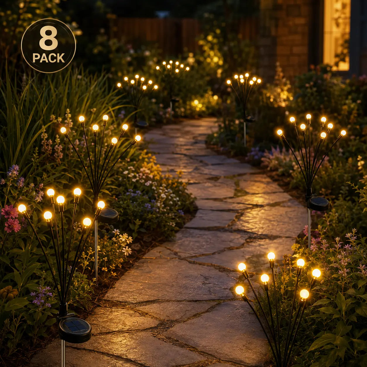 Professional Outdoor Solar Firefly Lights - Waterproof Garden Stake Illumination, Available in 4 or 8 Packs, Featuring Auto Dusk-To-Dawn Functionality with 32 or 64 LED Bulbs for Yard, Patio, Pathway, Walkway, and Landscape Decoration